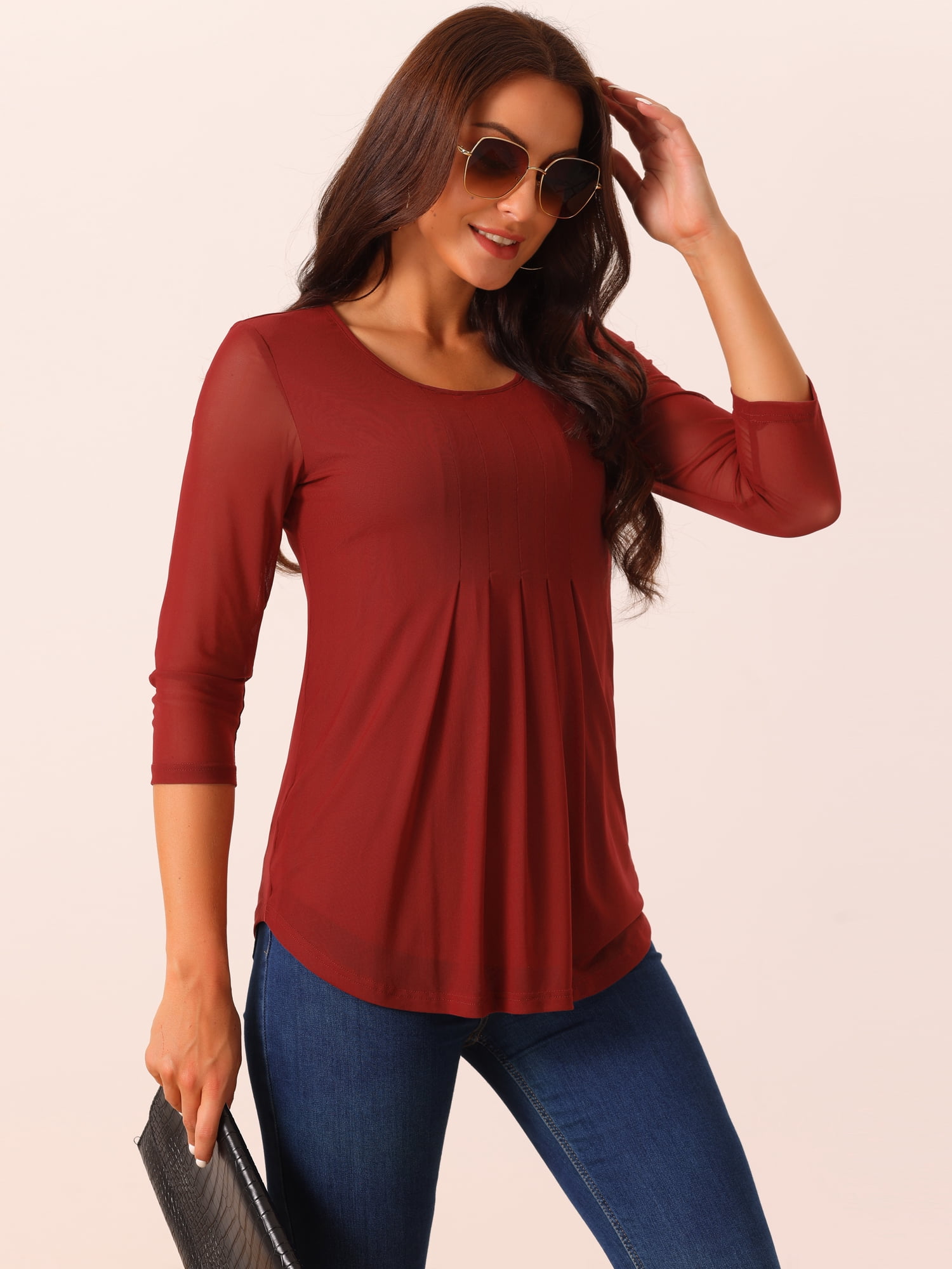 DARING DIVA Pleated Double Layers Mesh Blouse L Wine Red