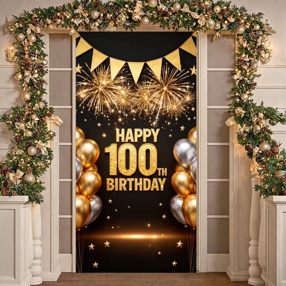 Golden Glitter Happy 100th Birthday Banner Black Gold Centenarian Birthday Backdrop Sparkly Stars Triangular Bunting Birthday Background for Centenarian Birthday Party Family Gathering Indoor