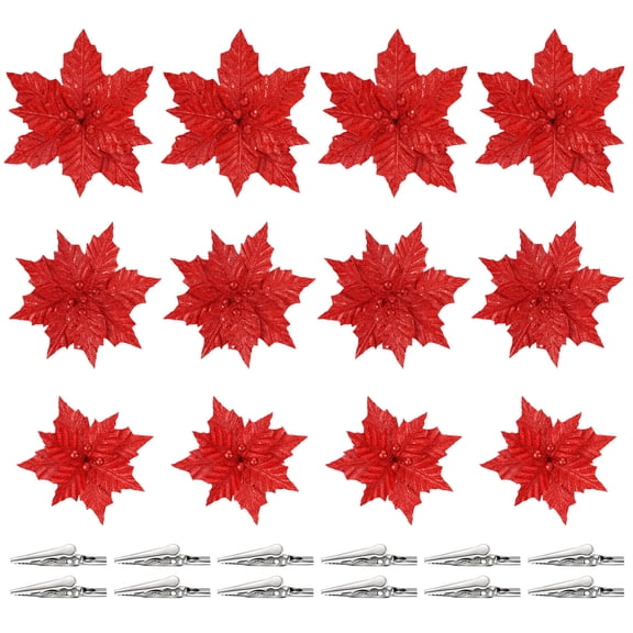 12pcs Artificial Poinsettia for Christmas Wreaths, Garland Decorations and Holiday Crafts