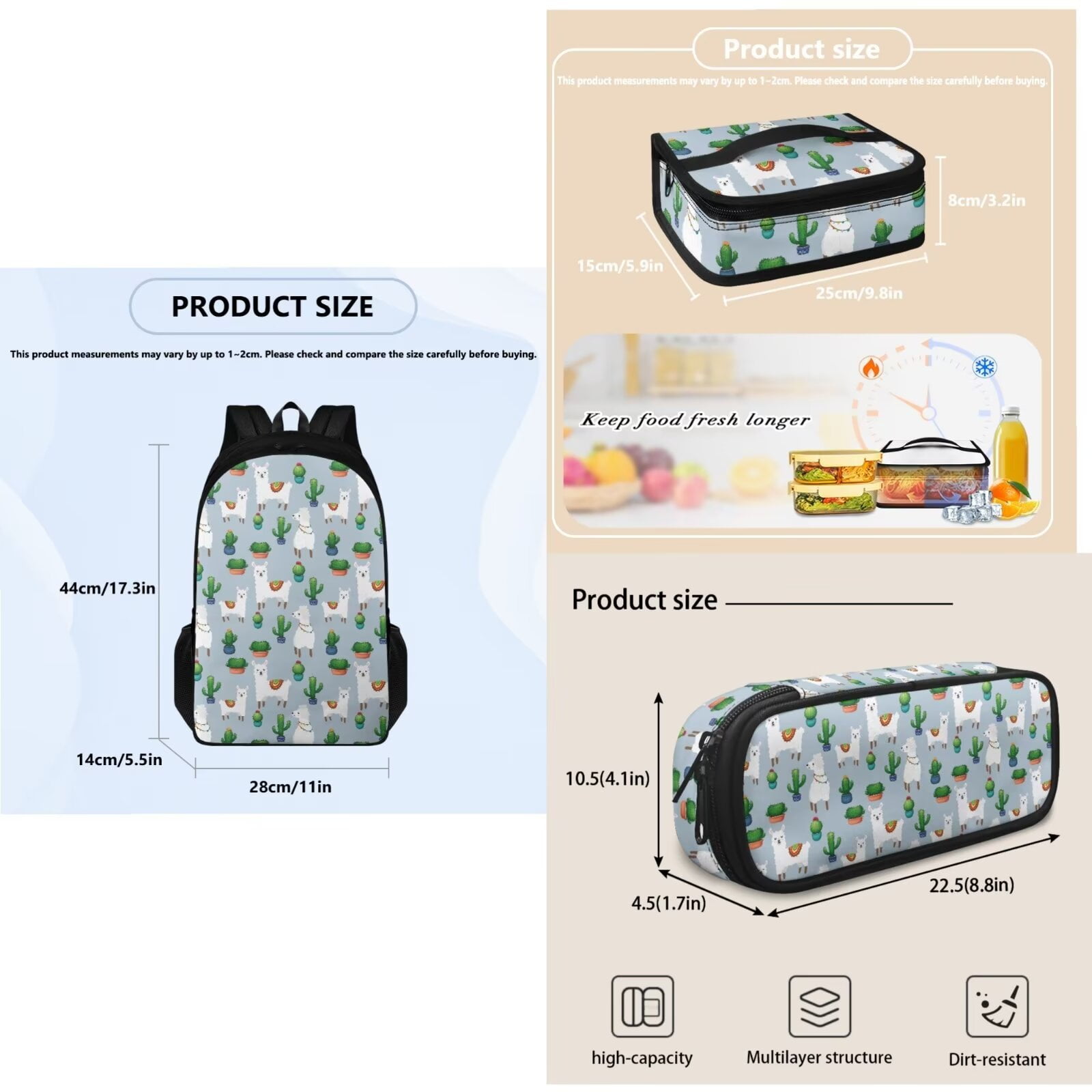 KUIFORTI Cactus Alpaca Backpack Messenger Bag Crossbody Lunch Case Lunch Bag Pencil Bag with Pocket, Set of 3