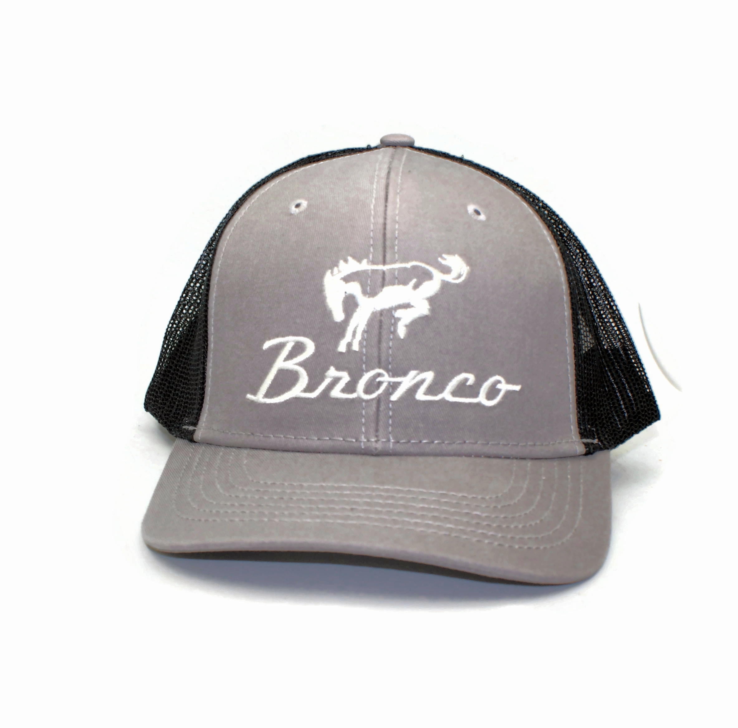 Ford Bronco Trucker Hat, Vented Mesh, Embroidered Logo, 50% Cotton 50% Polyester, Grey with Black Mesh Back