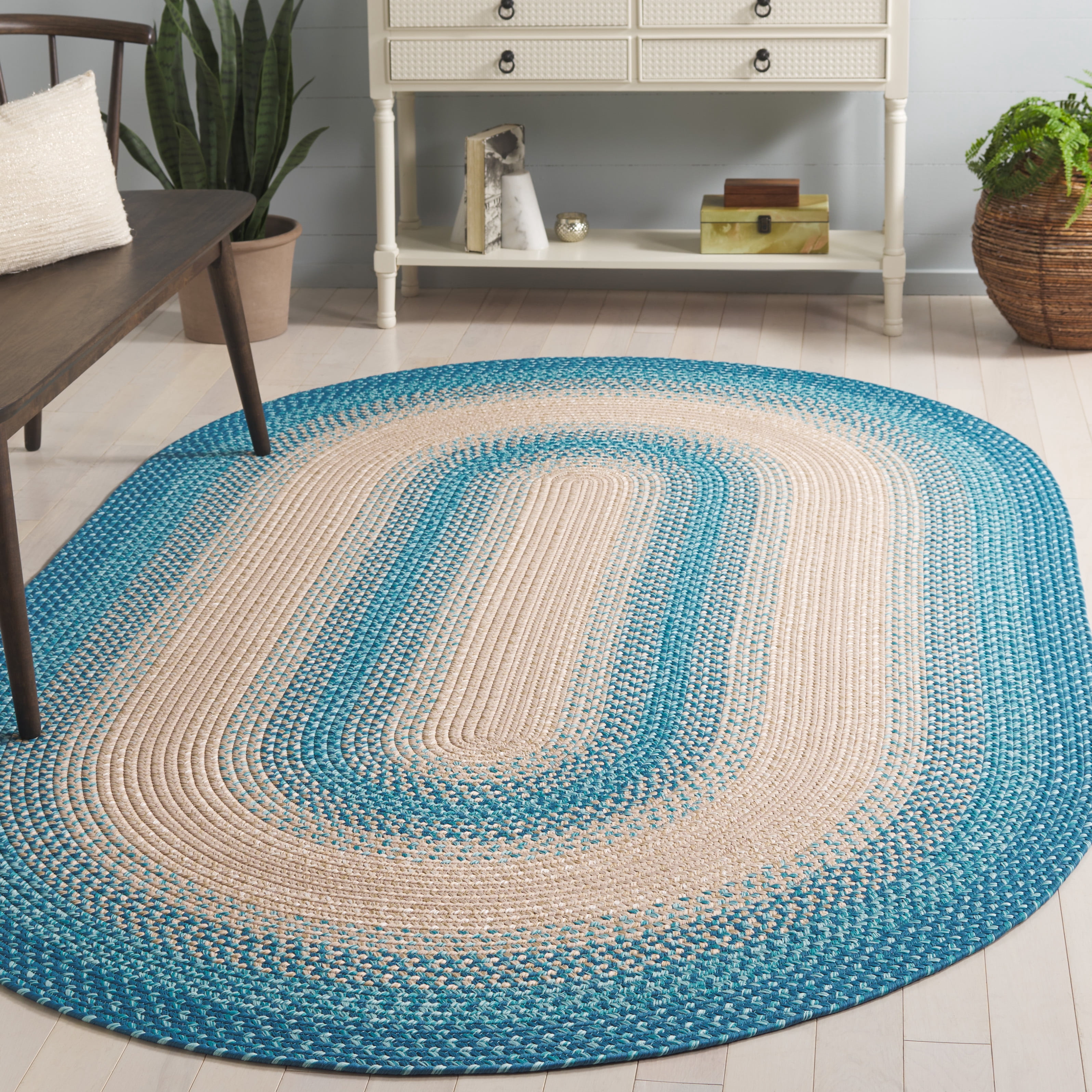SAFAVIEH Braided Neville Bordered Machine Washable Reversible Area Rug, Blue/Beige, 4' x 6' Oval