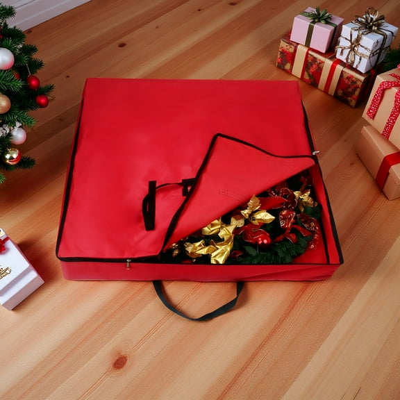 35 Inch Square Pop-Up Storage Box - Durable Red Container with Lid, Keeps Artificial Xmas Tree, Lights, Ornaments Dust-Free & Neat