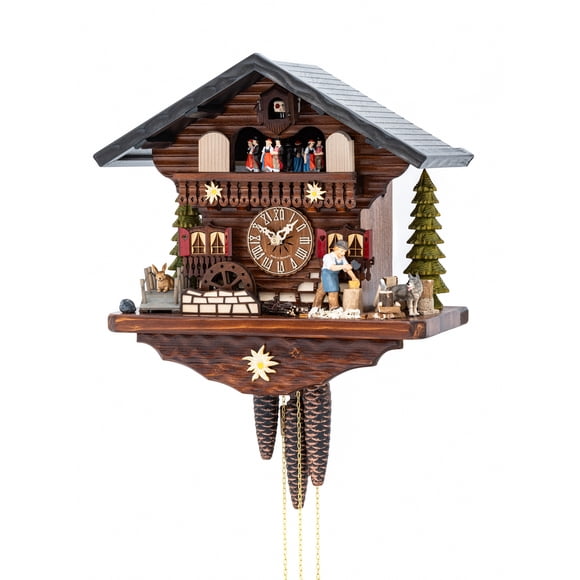 Cuckoo Clock Black Forest house with moving wood chopper and mill wheel