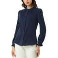 thumbnail image 6 of INSPIRE CHIC Women's Ruffled Trim Button Down Stand Collar Long Sleeve Blouse Top S Navy Blue, 6 of 9