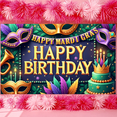 thumbnail image 5 of Gold Framed Mardi Gras Banner Purple Background Backdrop Colorful Feathers Masquerade Mask Carnival Display for Birthday Celebration Mardi Gras Party Indoor Decoration, 5 of 9