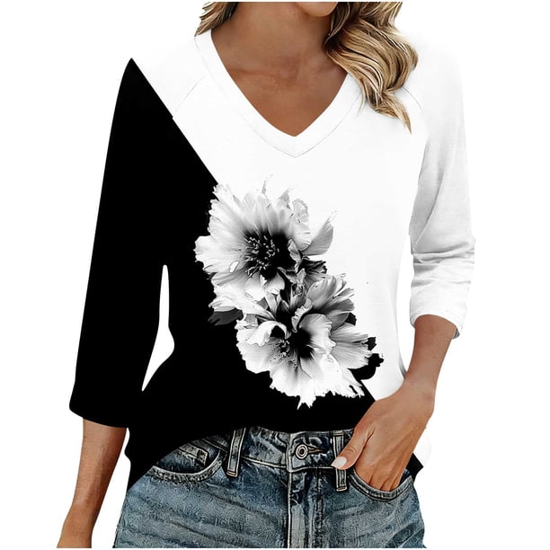Mujeres 3/4 Manga Tops Cuello en V Raglan Suéter Impreso Blusas Casuales para el Trabajo Diario Primavera Verano Moda