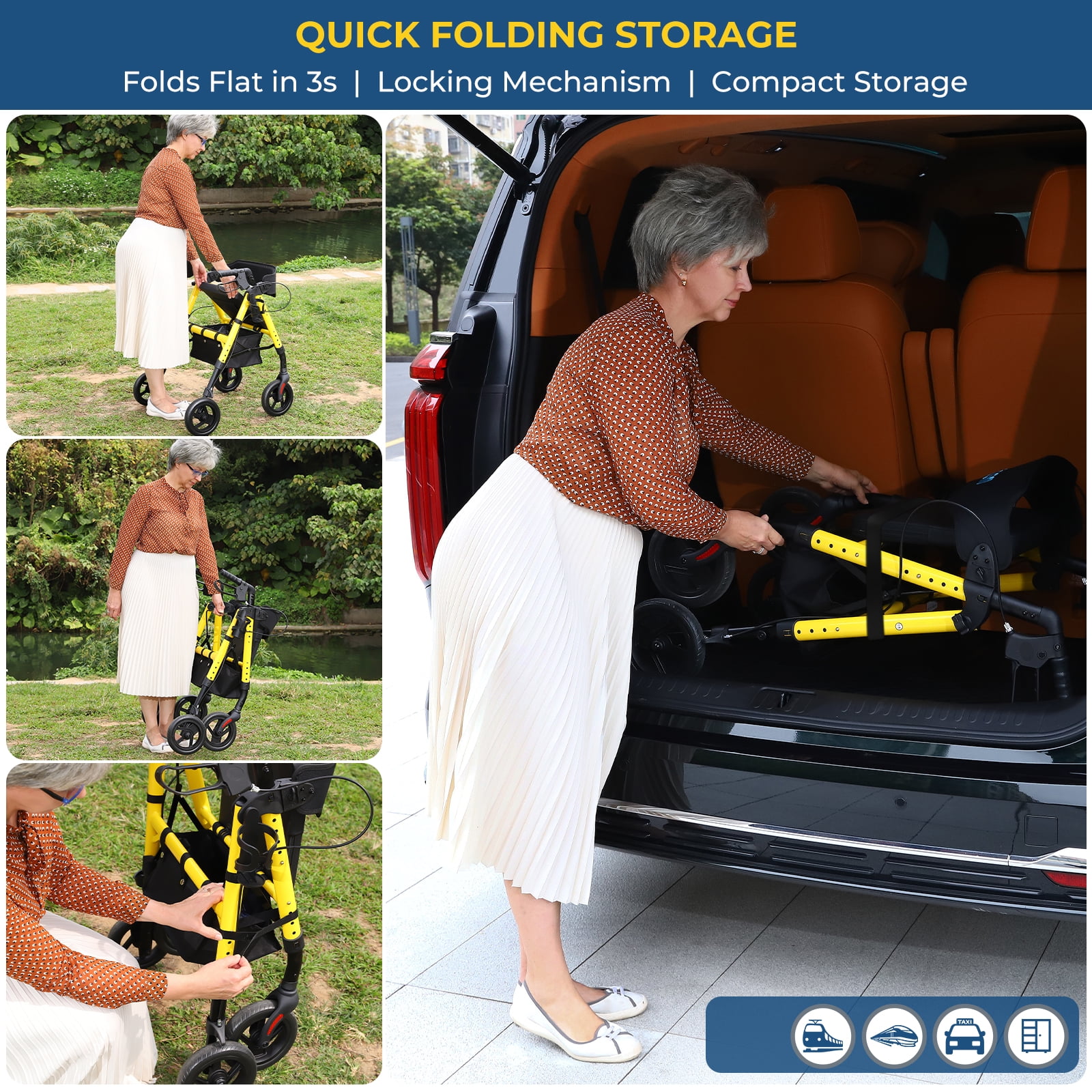 Lightweight Foldable Rollator Walkers for Seniors with Seat - Adult Rolling Walker with Seat and Brakes, 300 lb Capacity, All Terrain 8" Big Roller Wheels, Adjustable Handles and Seat Height, Yellow