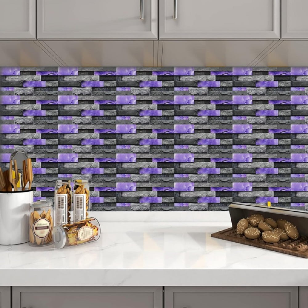 24 Sheets Peel and Stick Backsplash Marble Wall Tiles Waterproof Oilproof Purple Glossy Imitation Stone Brick Wall stickers PVC Shower Wall Panels for Interior Wall Decor