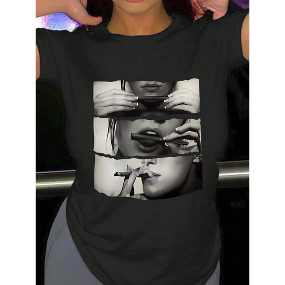 Summer Short Sleeve Round Neck Graphic Printed T-Shirt Graphic Tees Women Tops