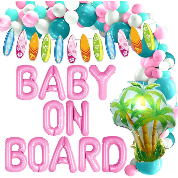 Pink Baby On Board Baby Shower Decorations Surf Baby Shower Decorations Beach Balloon Garland with Baby On Board Backdrop Summer Beach Background