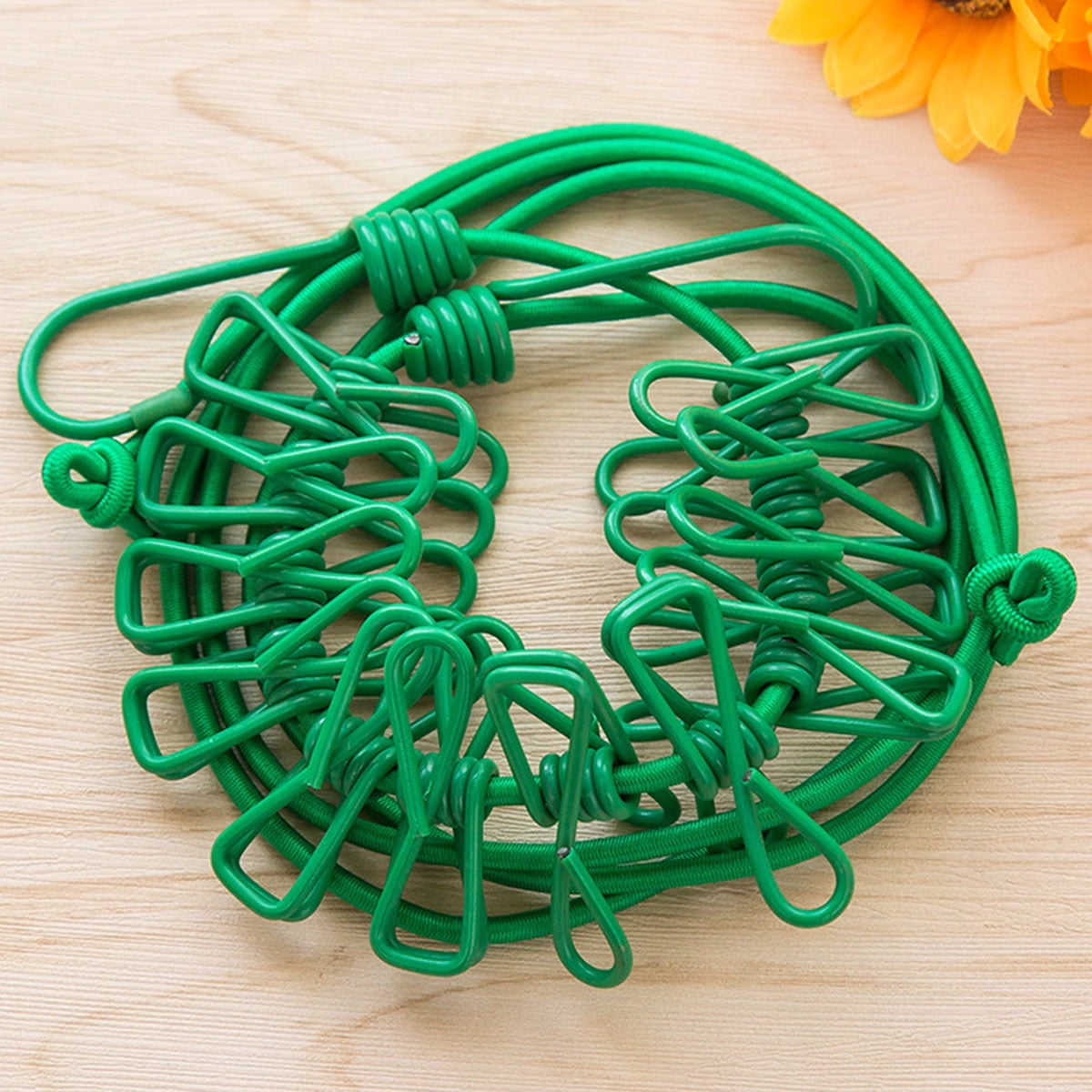 2 Pcs Portable Travel Outdoor Indoor Clothesline Windproof Stretchable Elastic Rope with Clips (Green)