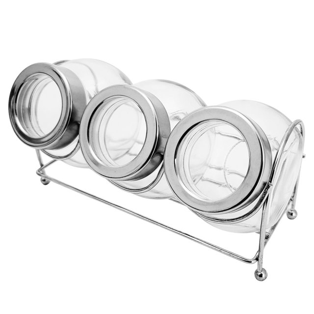 Set of 3 Glass Storage Jars Kitchen Craft Bath Container Metal & Glass
