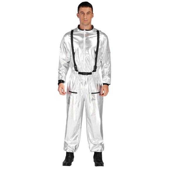 Choomomo Men's Astronaut Alien Space Suit Metallic Shiny Mock Neck Long Sleeve Jumpsuits Outfits Silver XXL