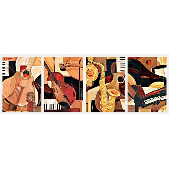 Classic Reproductions of Abstract Jazz Paintings; Piano, Sax, Violin, Guitar; Four 12x16 Posters
