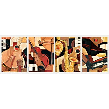 Abstract Guitar Wall - Classic Reproductions of Abstract Jazz Paintings; Piano, Sax, Violin, Guitar; Four 12x16 Posters
