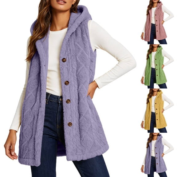 Ashirexll Fleece Vest Women, Womens Winter Coats, Ladies Winter Versatile Double Sided Fleece Sleeveless Hooded Jacket for Outdoor