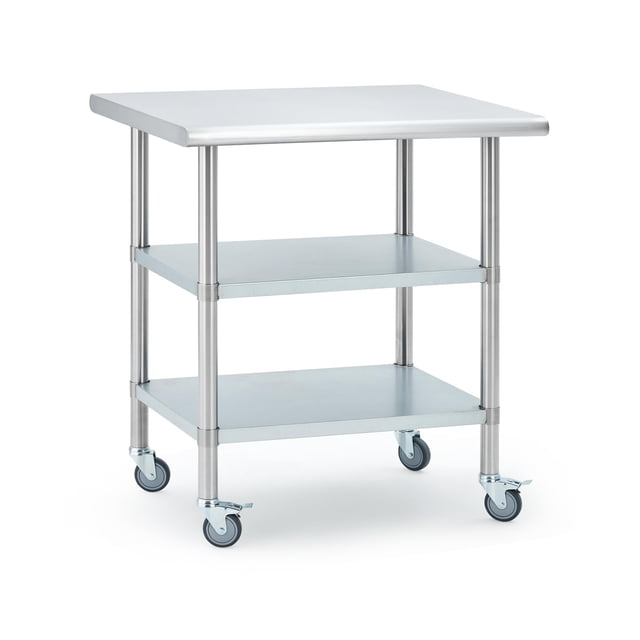 EDTara Table de Préparation Commerciale en Acier Inoxydable, Table de Travail 30x24 Pouces avec Roulettes, Étagère Inférieure Réglable à 2 Niveaux, Capacité Robuste de 480 Lb pour Restaurant, Garage Ou Bbq Extérieur