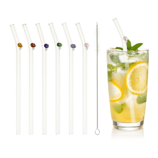 6 Pcs Pajitas de Vidrio Reutilizables, 7.87" Pajita de Vidrio de Hongo Resistente a los Golpes, Pajitas Llamativas para Whisky, Café, Jugo, Refrescos, Té, Azul/Verde/Rojo/Amarillo/Rosa/Púrpura
