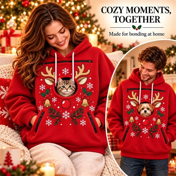 VOUZZA Unisex Christmas Pet Pouch Hoodie, Reindeer Antlers Long Sleeve Sweatshirt Pullover with Round Front Puppy Pocket for Small Dogs and Cats
