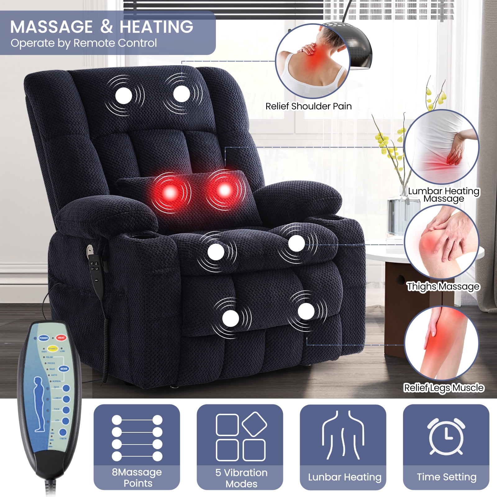Oversized Power Lift Recliner Chair for Adults with Massage and Heat, Infinite Position Lay Flat Lift Chair for Elderly/Seniors, One-Touch Reset, USB&Type-C, Cup Holders, Lumbar Pillow, Blue