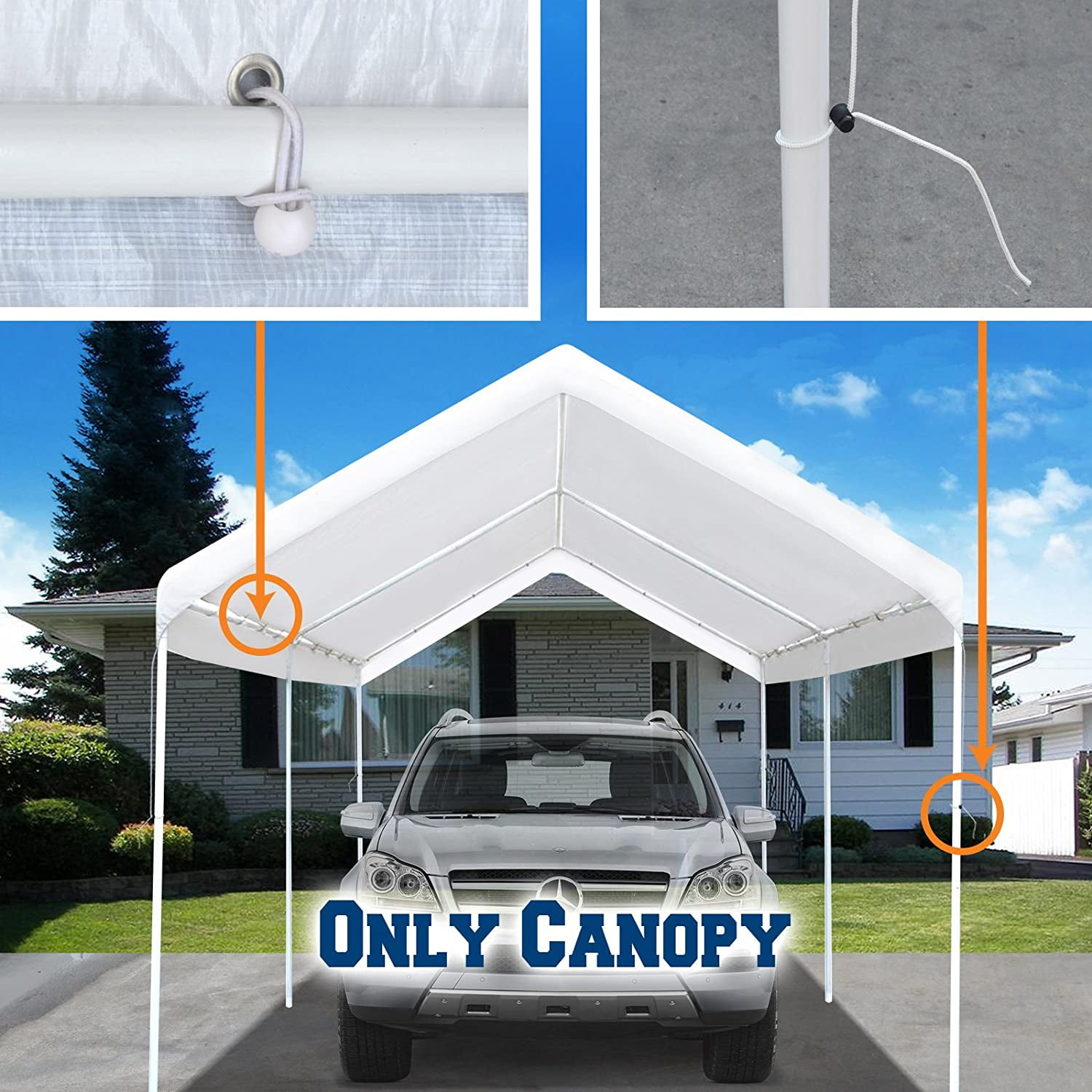 Vanteriam 10'x20' Carport Canopy Replacement Top Cover for Car Garage Shelter Party Tent with Ball Bungees White (Only Top Cover, Frame is not Included)