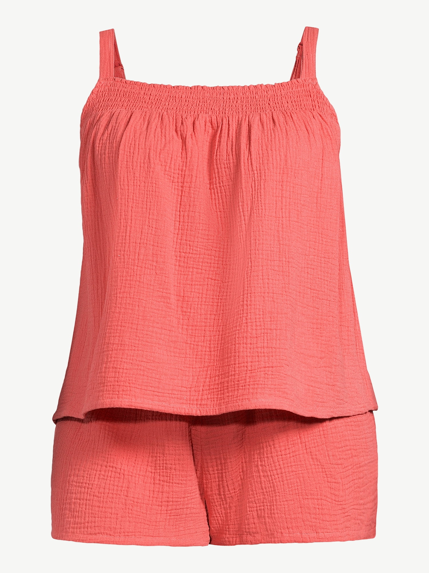 Joyspun Women's Gauze Smocked Top and Shorts Pajama Set, 2-Piece, Sizes S to 3X