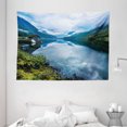 thumbnail image 1 of Nature Tapestry, Landscape Photography with Wooden Cabins Clear River and Mountains Norway Europe, Wall Hanging for Bedroom Living Room Dorm Decor, 80W X 60L Inches, Blue Green, by Ambesonne, 1 of 2