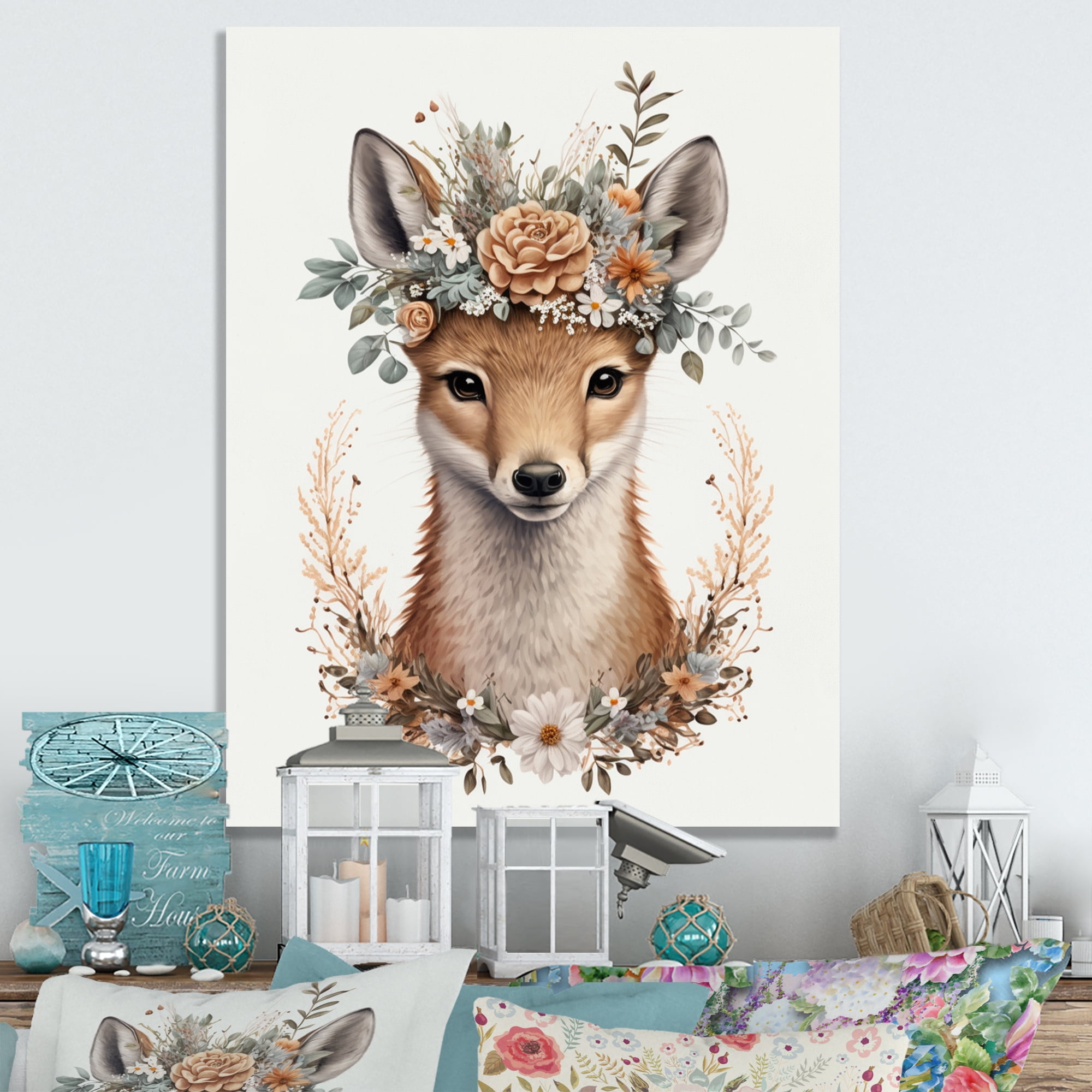 Designart Cute Baby Fox With Floral Crown III Canvas Wall Art