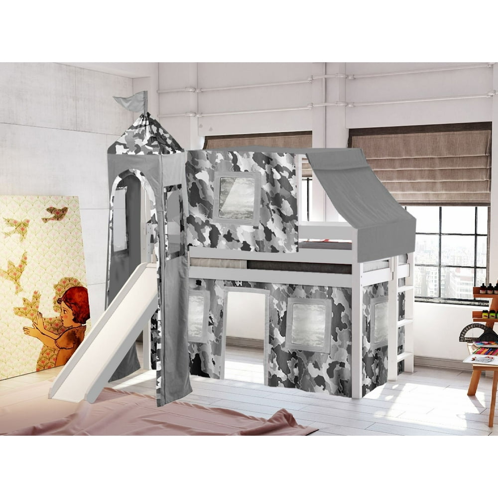 JACKPOT! Castle Low Loft Bed with Slide Gray Camo Tent and Tower Loft