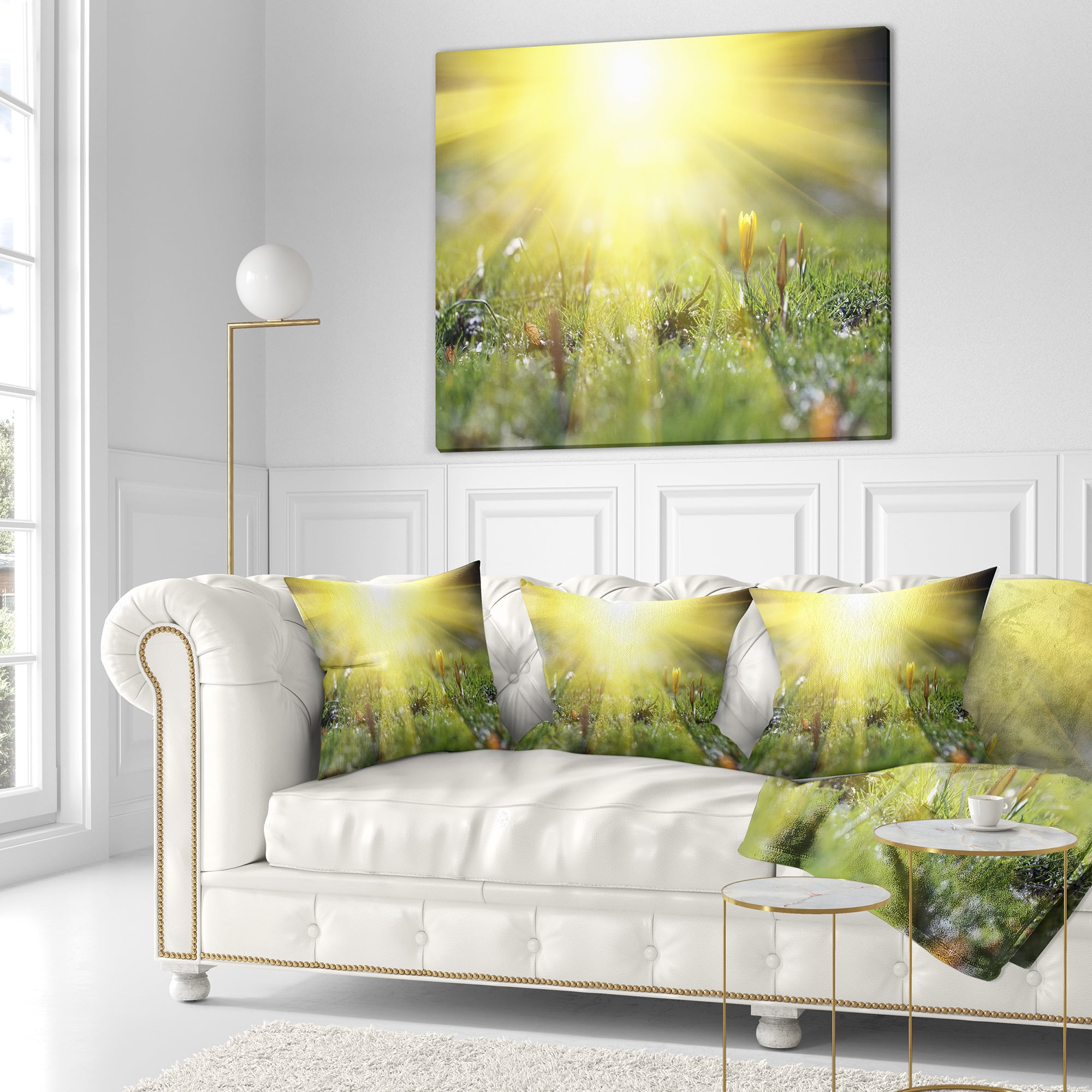 Designart Bright Sunset Above Spring Flowers - Landscape Printed Throw Pillow - 16x16