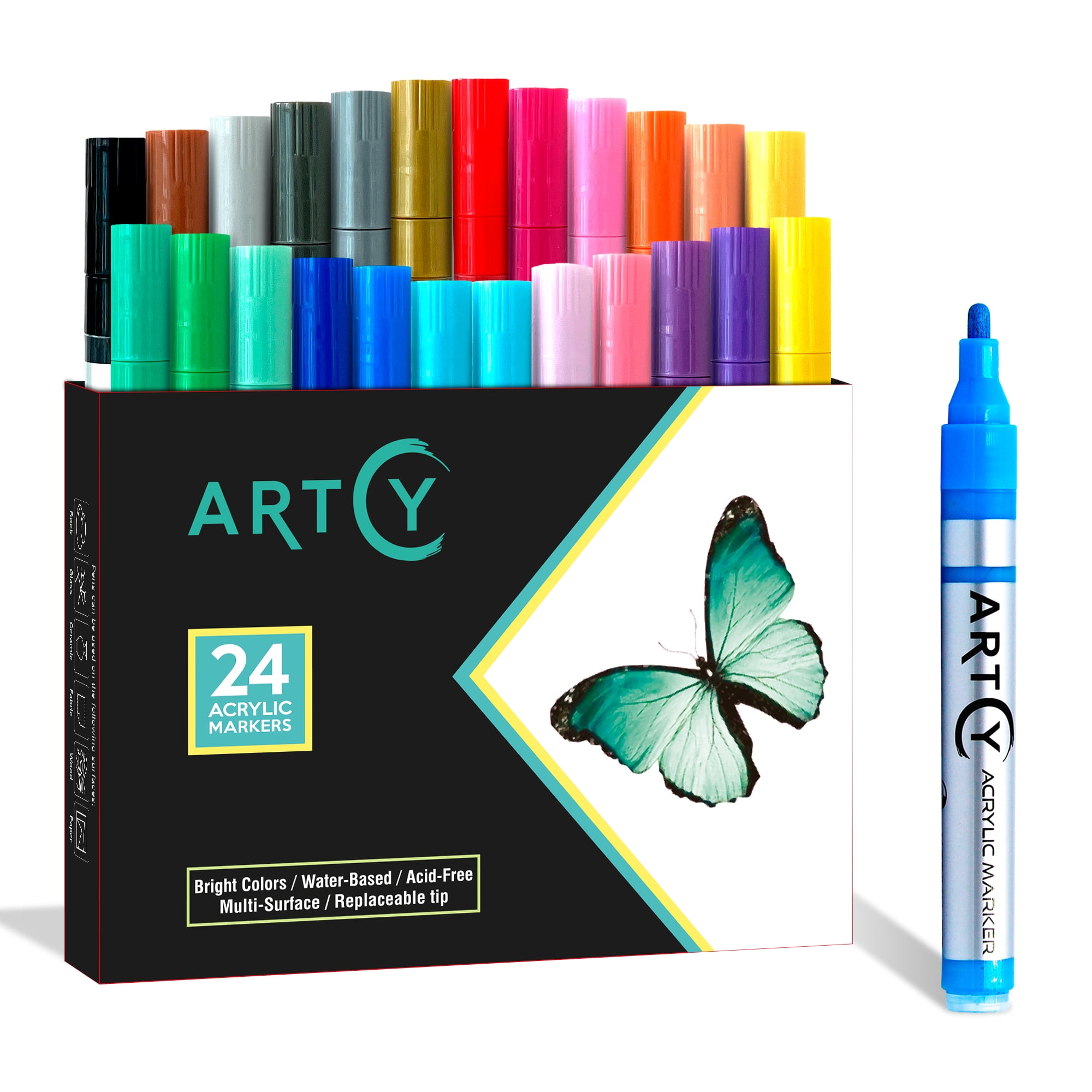 Acrylic Paint Pens - 24 Acrylic Paint Markers Medium Tip (2mm) | Great for Rock Painting, Canvas, Glass, Porcelain, Fabric, Paper, Pottery and Plastic