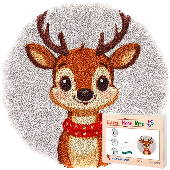 Latch Hook Rug Kit A Cartoon Cute Christmas Deer Stamped Handmade Round Shape Carpet Crochet Yarn Craft DIY Hook and Latch Door Mat Tapestry for Home Floor Decor 50x50cm(2)