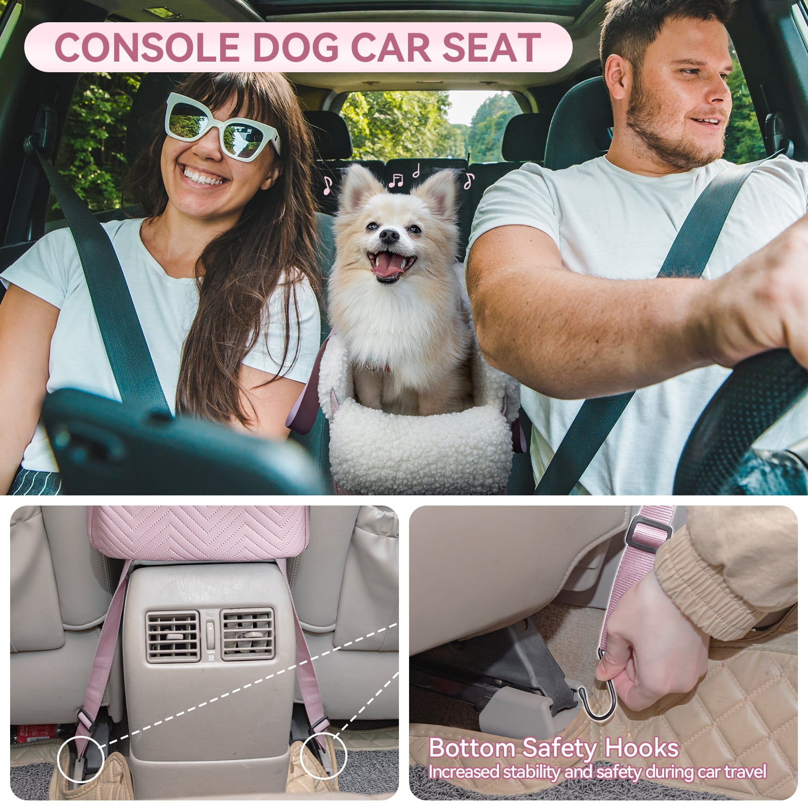 PETSFIT Cat Car Seat, Portable Console Dog Car Seat with Safe Protective Hooks, Luxury Pet Car Seat, Dog Car Carrier Includes Safety Tether for Pets Up to 12 lbs (Pink)