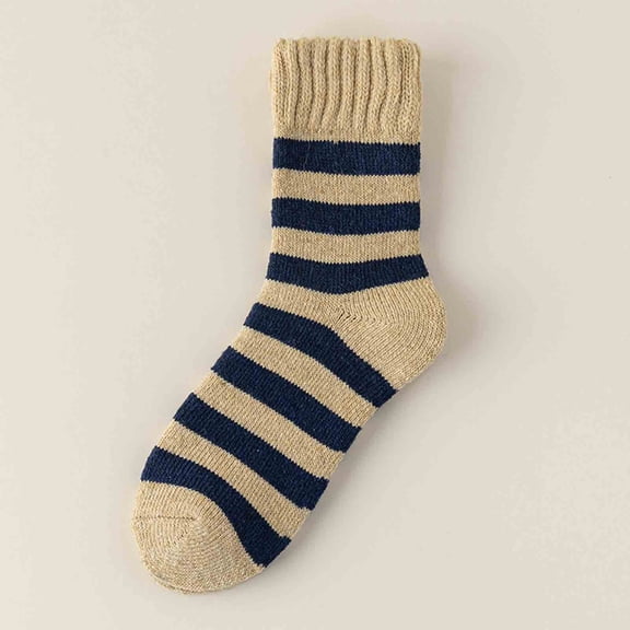 VONCOS Mens Thermal Winter Socks, Wool Blend Heavyweight Hiking Socks for Cold Weather, Mid-Calf Stripe Socks in White,Size Free Size