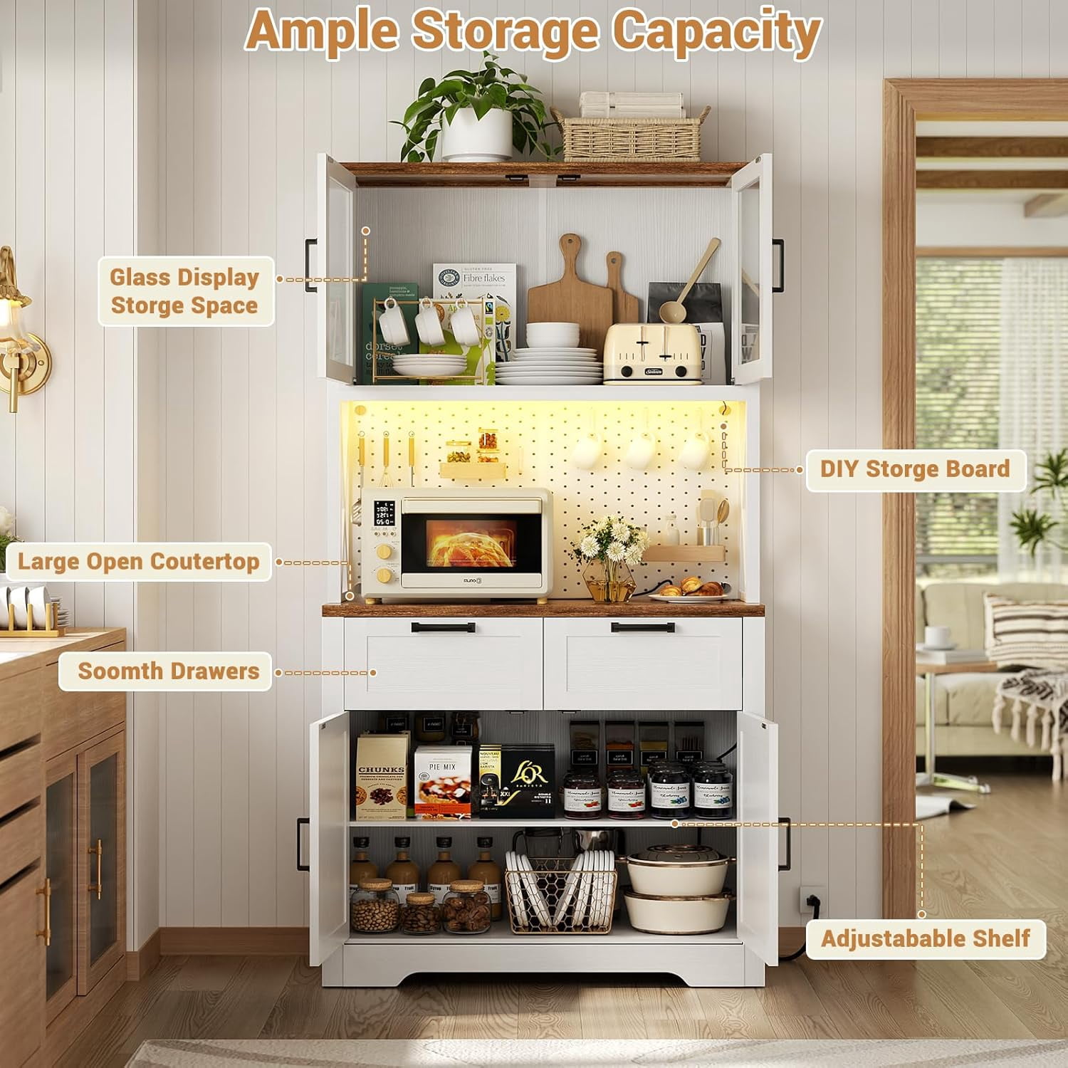 71" Tall Pantry Cabinet with Outlets and LED Light, Homieasy 5-Layer Storage Cabinet with 2 Drawers and DIY Pegboard for Kitchen, Dining, Living Room, Garage, White & Rustic