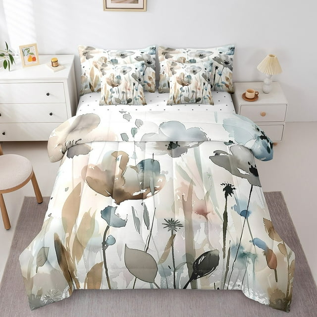 7 Piece Boho Wildflower Comforter Set Twin Watercolor Grunge Abstract Floral Bed In A Bag,Rustic Farmhouse Botanical Bedding Set With Comforter,Sheets,Pillowcase & Covers Brown Blue