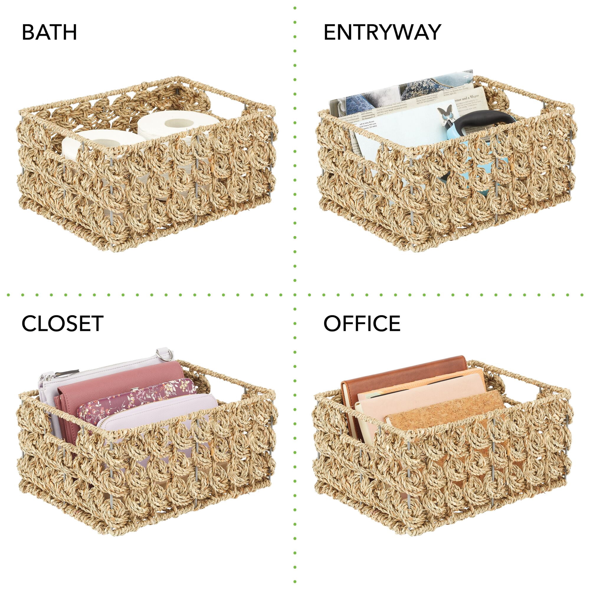 mDesign Seagrass Rose Weave Household Basket with Handles, 3 Pack, Natural/Tan