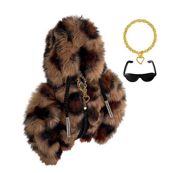 Leopard Porch Goose Clothes Set Faux Fur Hoodie Sunglasses Necklace Outfit for 7in Lawn Desktop Goose Decor