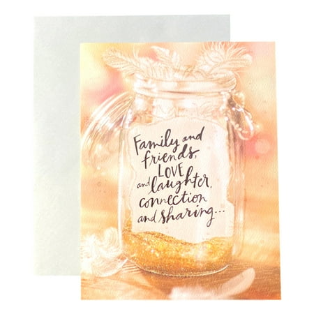Mother's Day Greeting Card - Family and friends, LOVE and laughter, connection and sharing..., with feathers and note inside a mason jar
