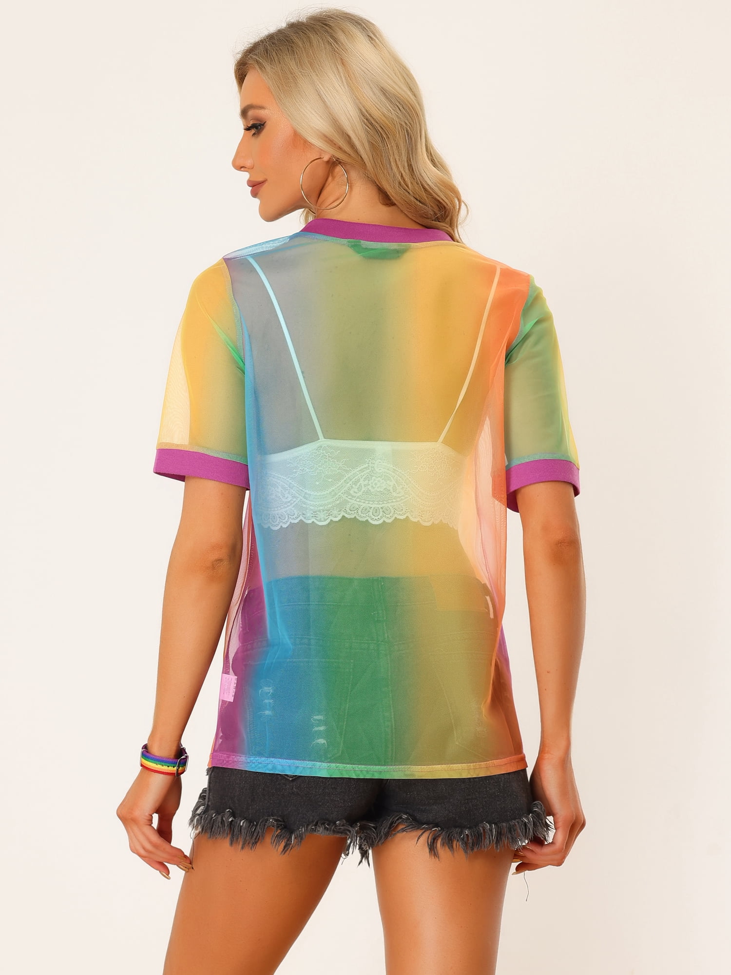 DARING DIVA Women's Sheer Mesh Top Contrast Short Sleeve T-Shirt XL Pink Rainbow