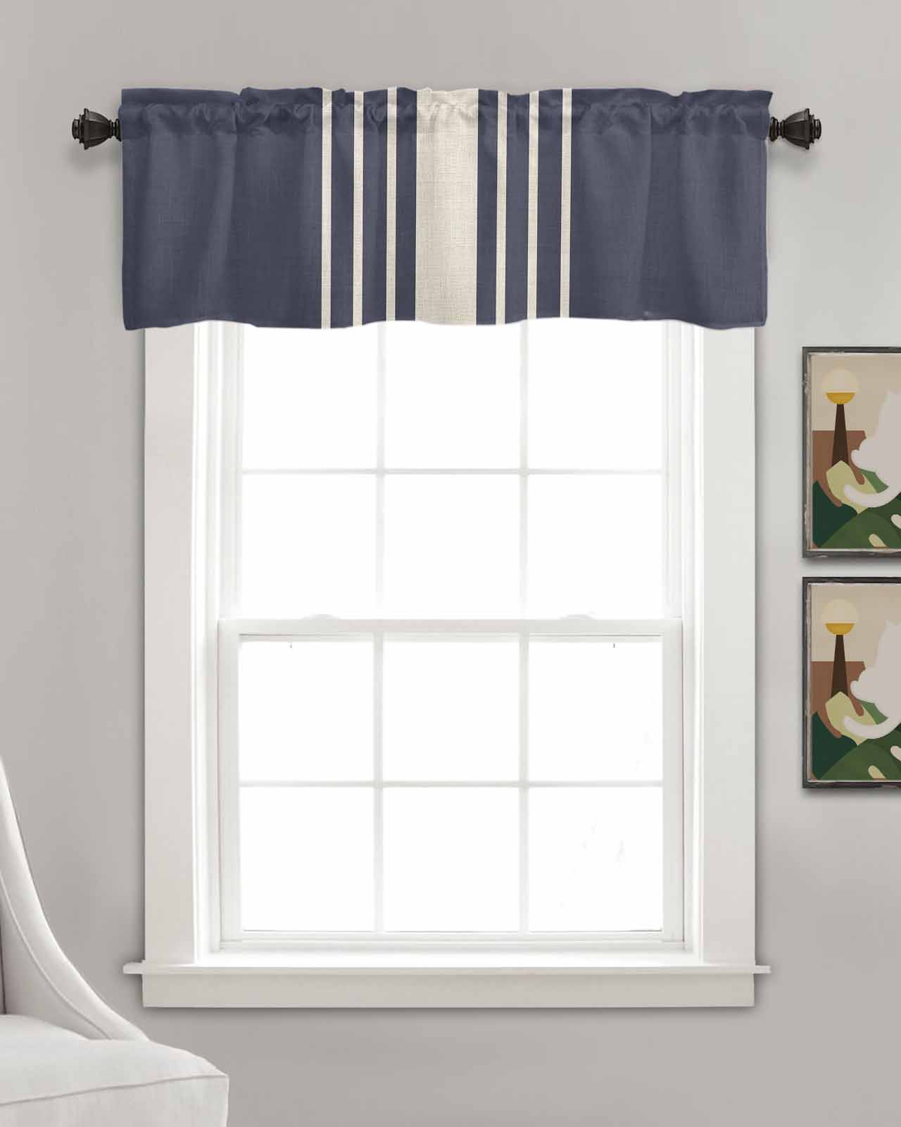Beige Striped Kitchen Valances for Windows Farmhouse Linen Window Valance Curtain for Living Room Window Treatment Midnight Blue Geometric Simple Retro Valance Rod Pocket Topper Drape, 42 x 18 Inch