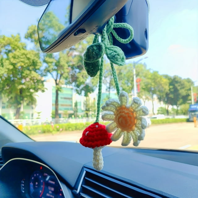 QJUHUNG Crochet Mushroom Rearview Mirror Accessory Swinging Mushroom Car Hanging Ornament Handmade Plant Car Mirror Hanging Ornament Cute Lady Car Accessory Interior Car Decoration Bag