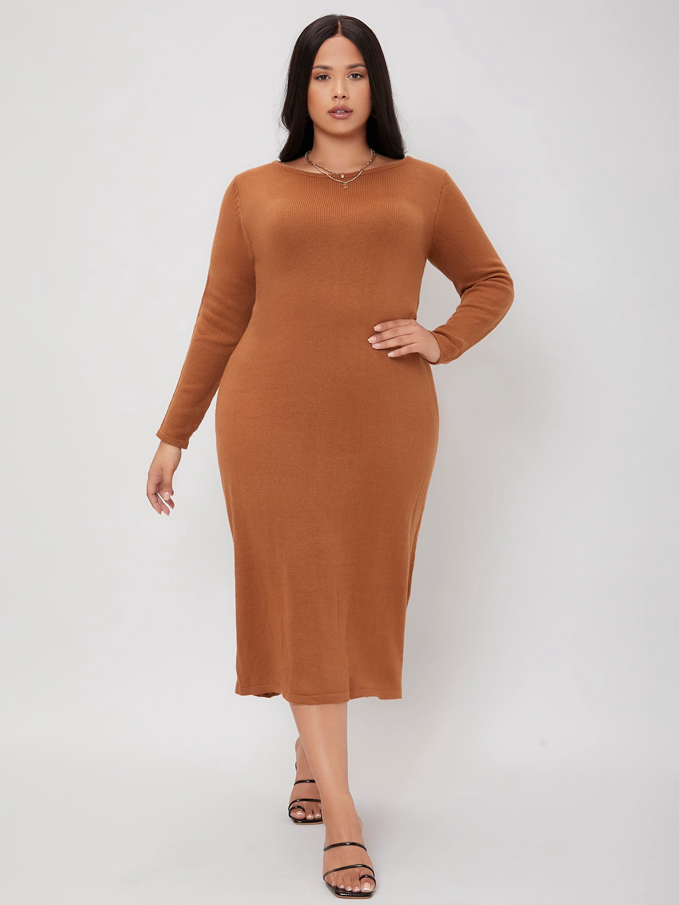 Brown Women's Plus Size Solid Rib knit 