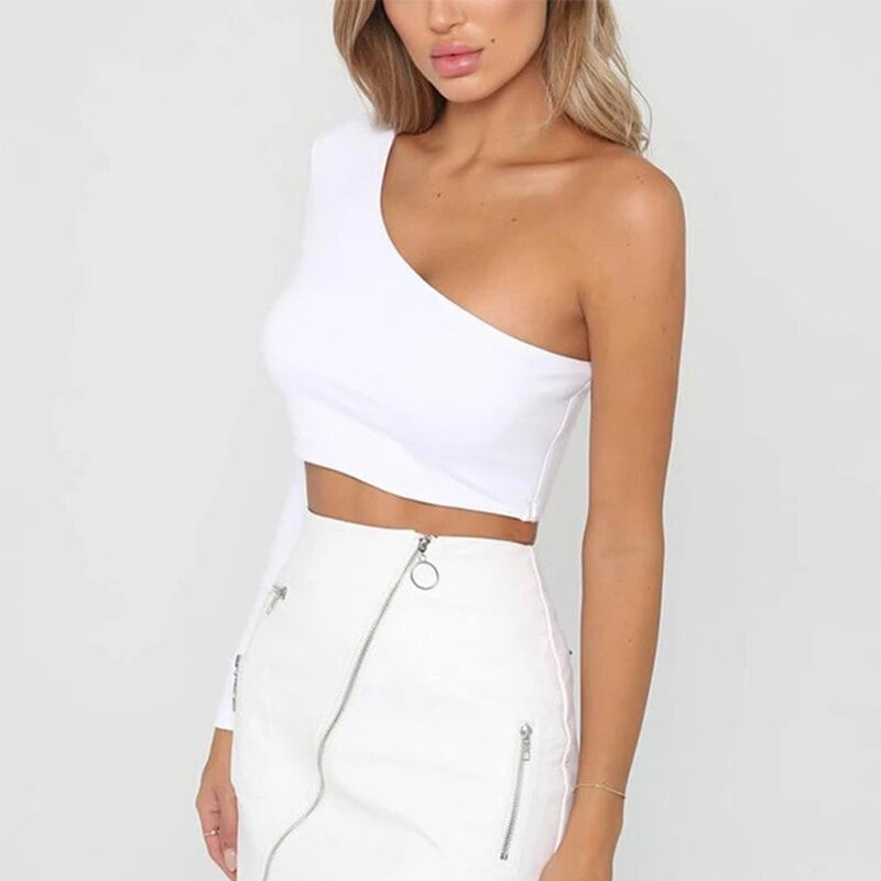 One Shoulder Sleeveless Crop Top White – Styched Fashion