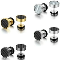 OIDEA 4Pairs Mens Stud Earrings 10mm Stainless Steel Illusion Tunnel Plug Screw Back with Carbon Fiber