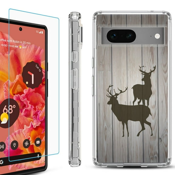 OneToughShield ® for Google Pixel 7a Shockproof Bumper Phone Case, with Tempered Glass Screen Protector - Wood/Deer