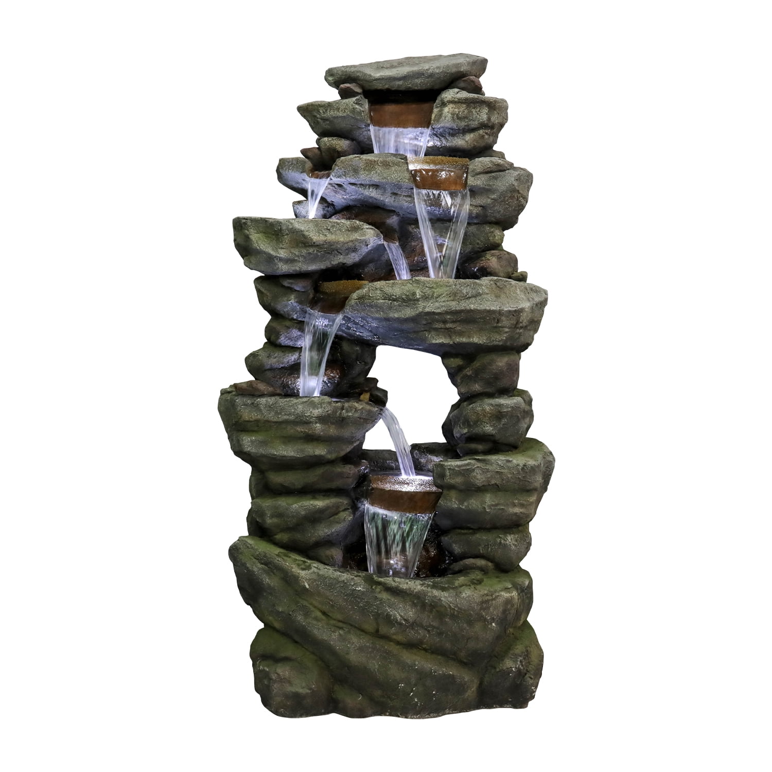 7-Tiers Rocks Outdoor Garden Water Fountain- 60" High Large Cascading Waterfall Floor Standing Water Features with LED Lights for Garden and Patio Decor