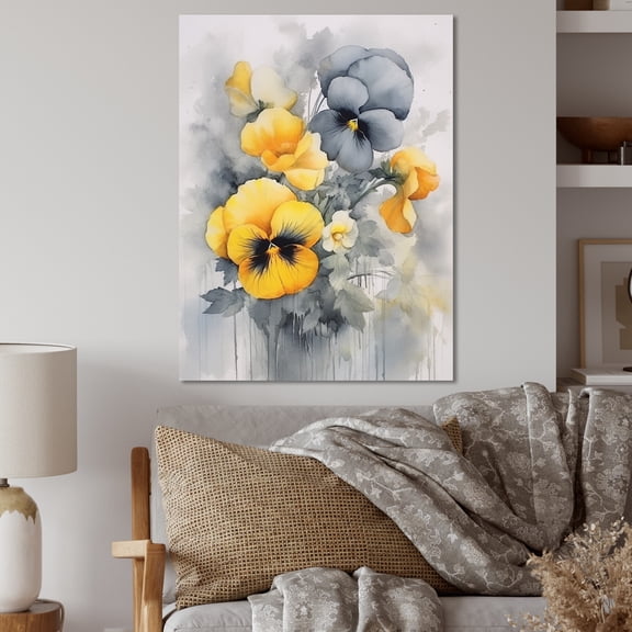 Designart "Yellow And Grey Minimalism Pansies Soft Palette" Floral Metal Wall Art
