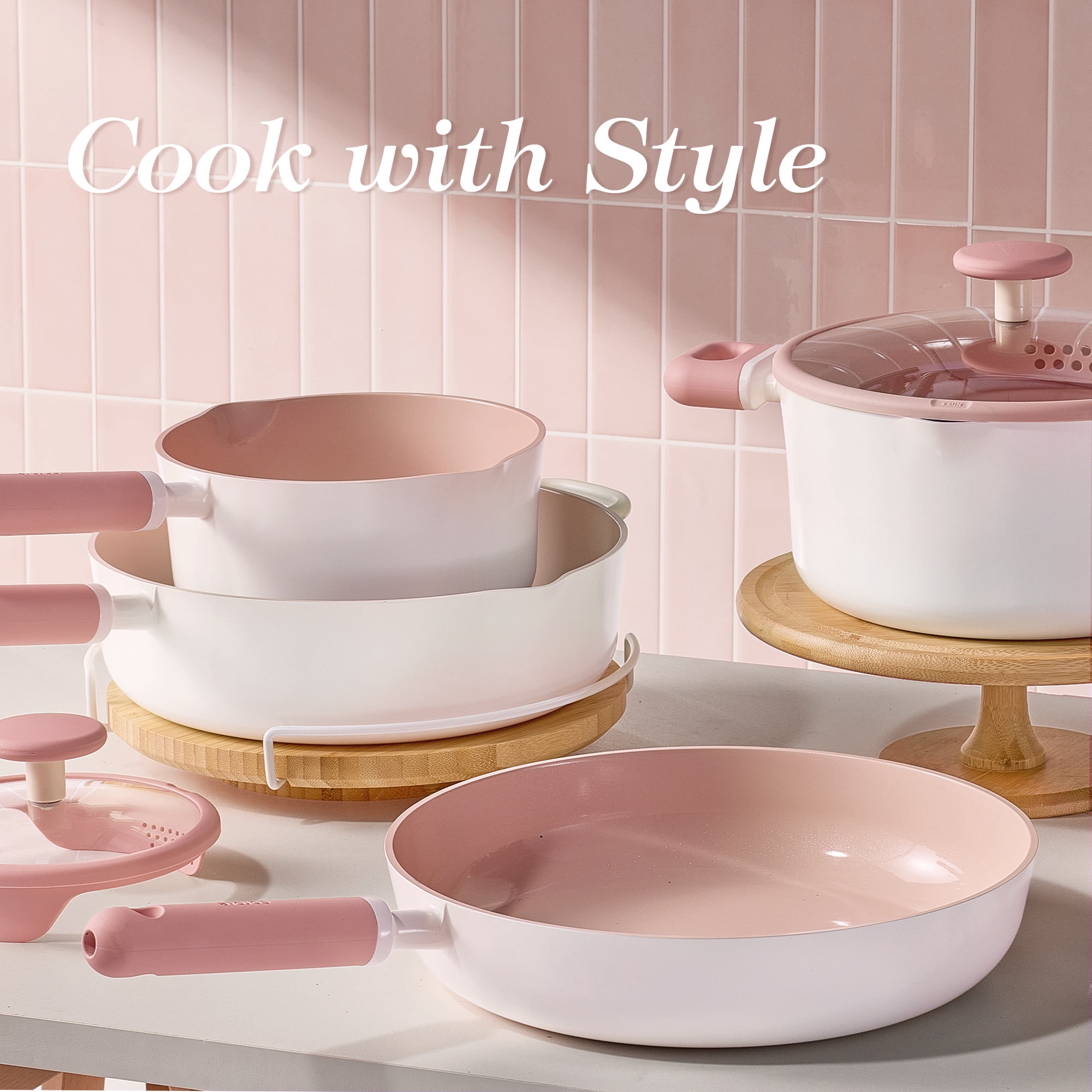 Carote 14-Piece Pots and Pans Set, Ceramic Nonstick Cookware Set with Steamer,Induction Compatible, Pink